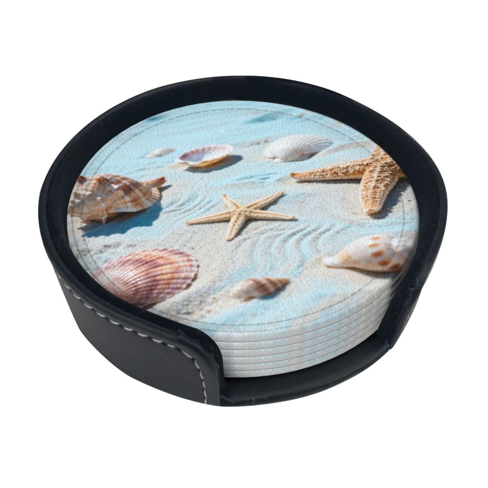 Cntdbu White Shell Starfish Beach Leather Coasters Set Of 6-Pu Leather Drink Mats For Table, Heat Resistant Round Coasters With Holder