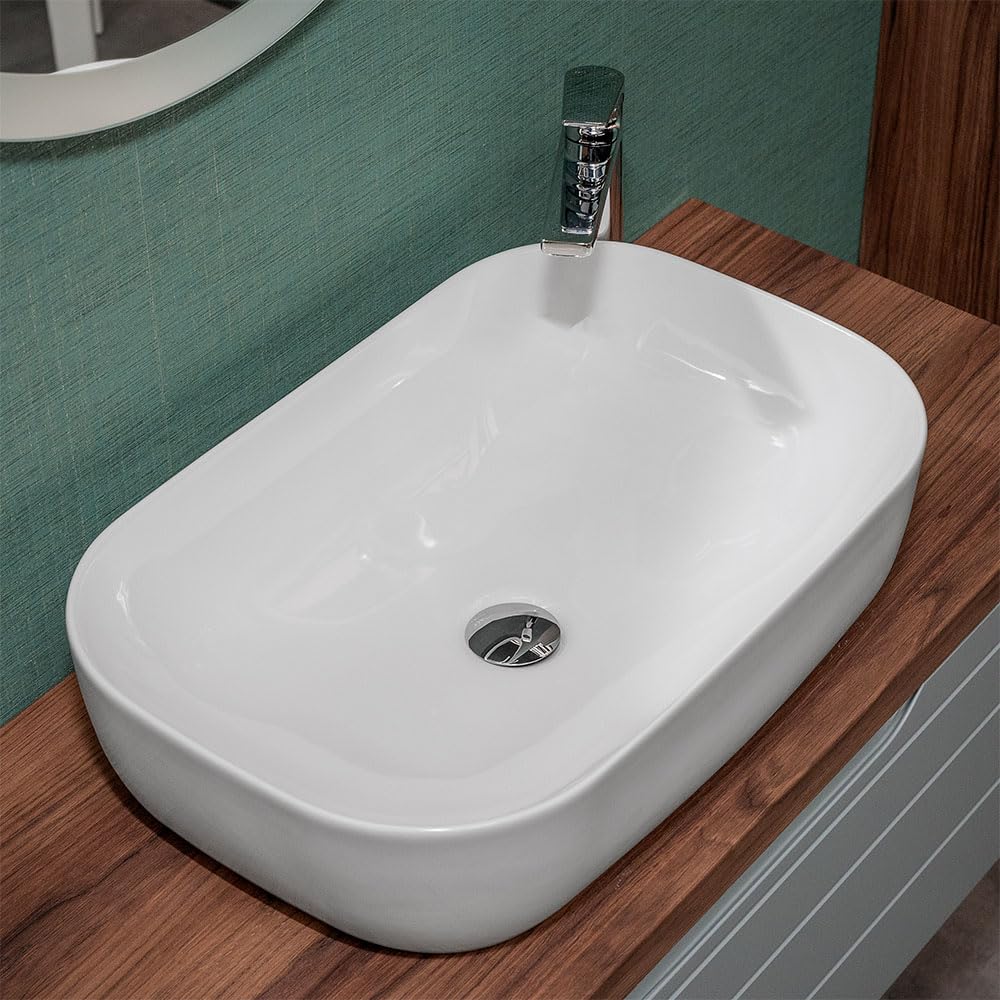 Lavabo da appoggio 60x40 rettangolare in ceramica lucida da installare su mensole o mobili bagno con top