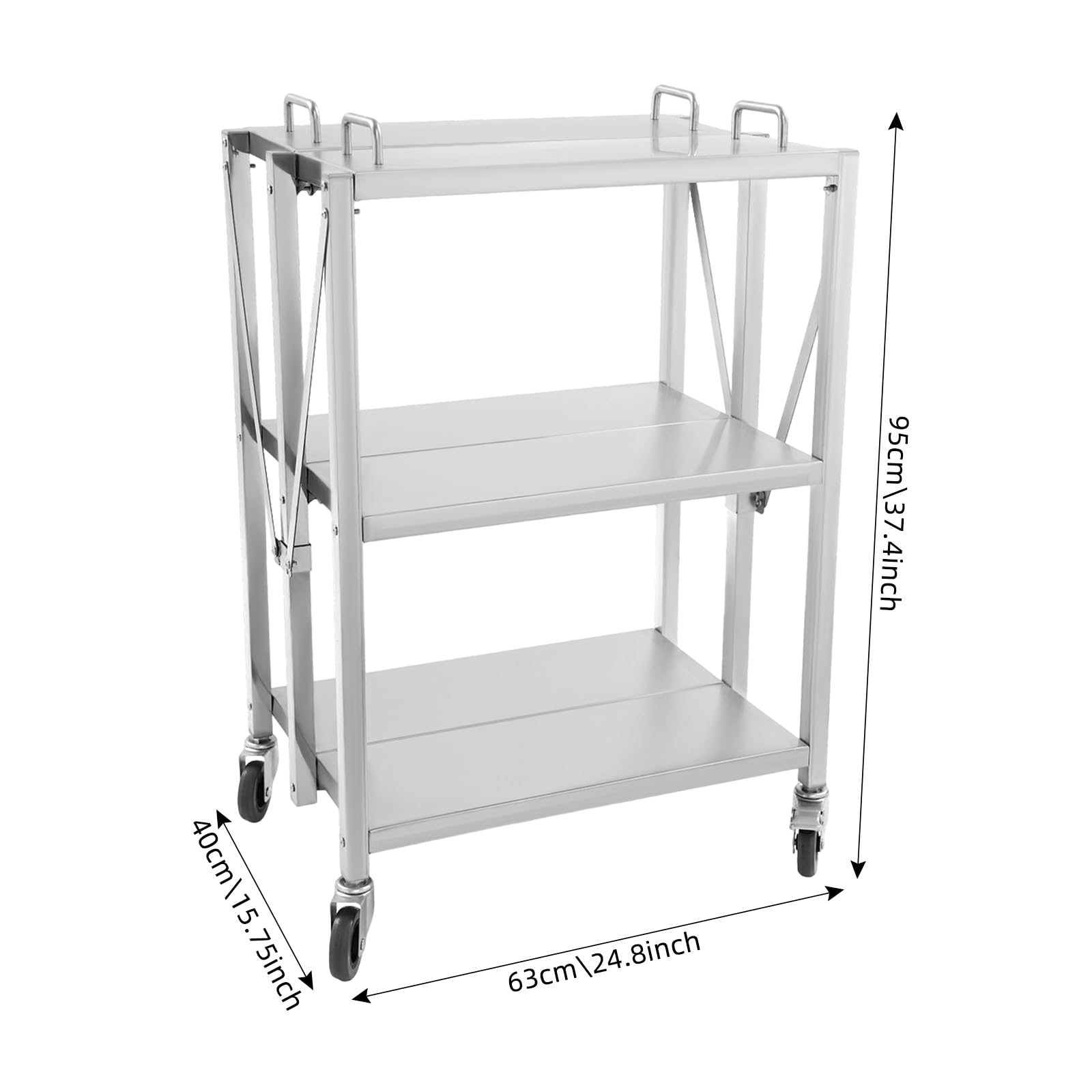 Carro de servir con ruedas, 3 niveles plegable de acero inoxidable, mesa giratoria de metal resistente, carrito de cocina con encimera y asas de acero inoxidable, ideal para restaurante, cocina y