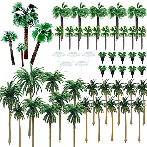 NA Woohome 44 Stück Modellbau Bäume Miniatur Palme Kunststoff, Mini Palme Kokosnuss Kunststoff mit 5 Stück Mini Regenschirm für DIY Landschaft Gartendeko, Modelllandschaft (Style 1)