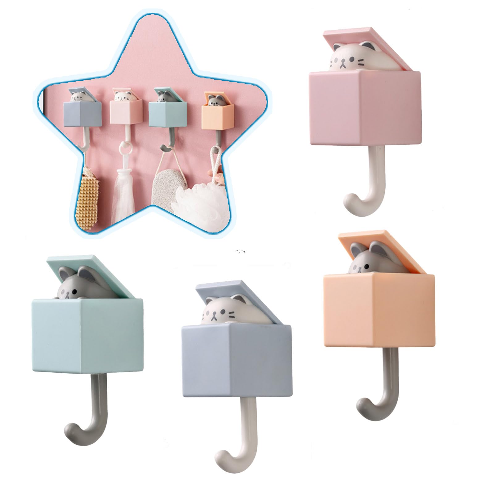 Creative Adhesive Coat Hook,6 Pcs Cute Pet Hooks for Coat, Towel,Key,Hat, Bag,Scarf, Utility Cat Hook for Wall Hanging Decorations(4 Colors)