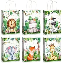 Pajean 18 Pieces Safari Goodie Bags Jungle Animals Party Favor Bags with Handles Zoo Animals Print Candy Favors Woodland Gift for Baby Shower Wedding Birthday Jungle Themed Party Supplies
