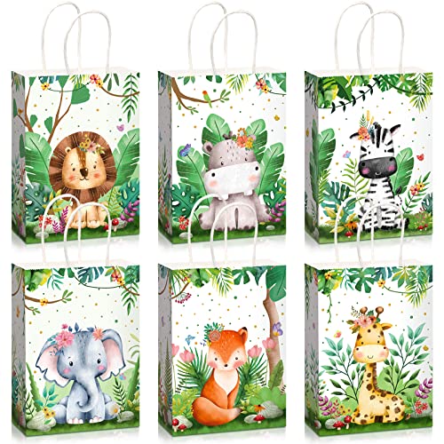 Pajean 18 Pieces Safari Goodie Bags Jungle Animals Party Favor Bags with Handles Zoo Animals Print Candy Favors Woodland Gift for Baby Shower Wedding Birthday Jungle Themed Party Supplies