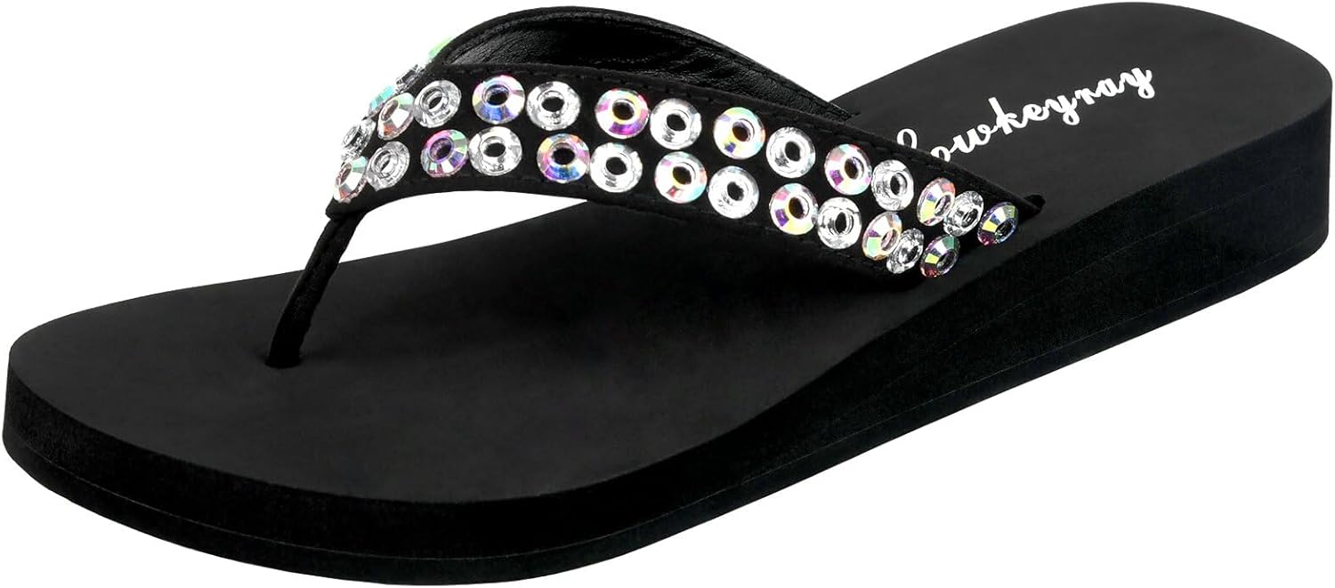Lowkeyray Black Fancy Flip Flops With Rhinestones Comfortable Sequin Sandals For Women