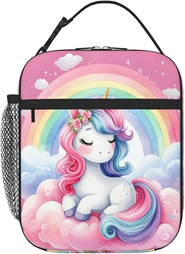 Lonchera infantil con diseño de unicornio y arcoíris rosa para niñas y niños, con aislamiento, portátil, reutilizable, lonchera enfriadora, caja