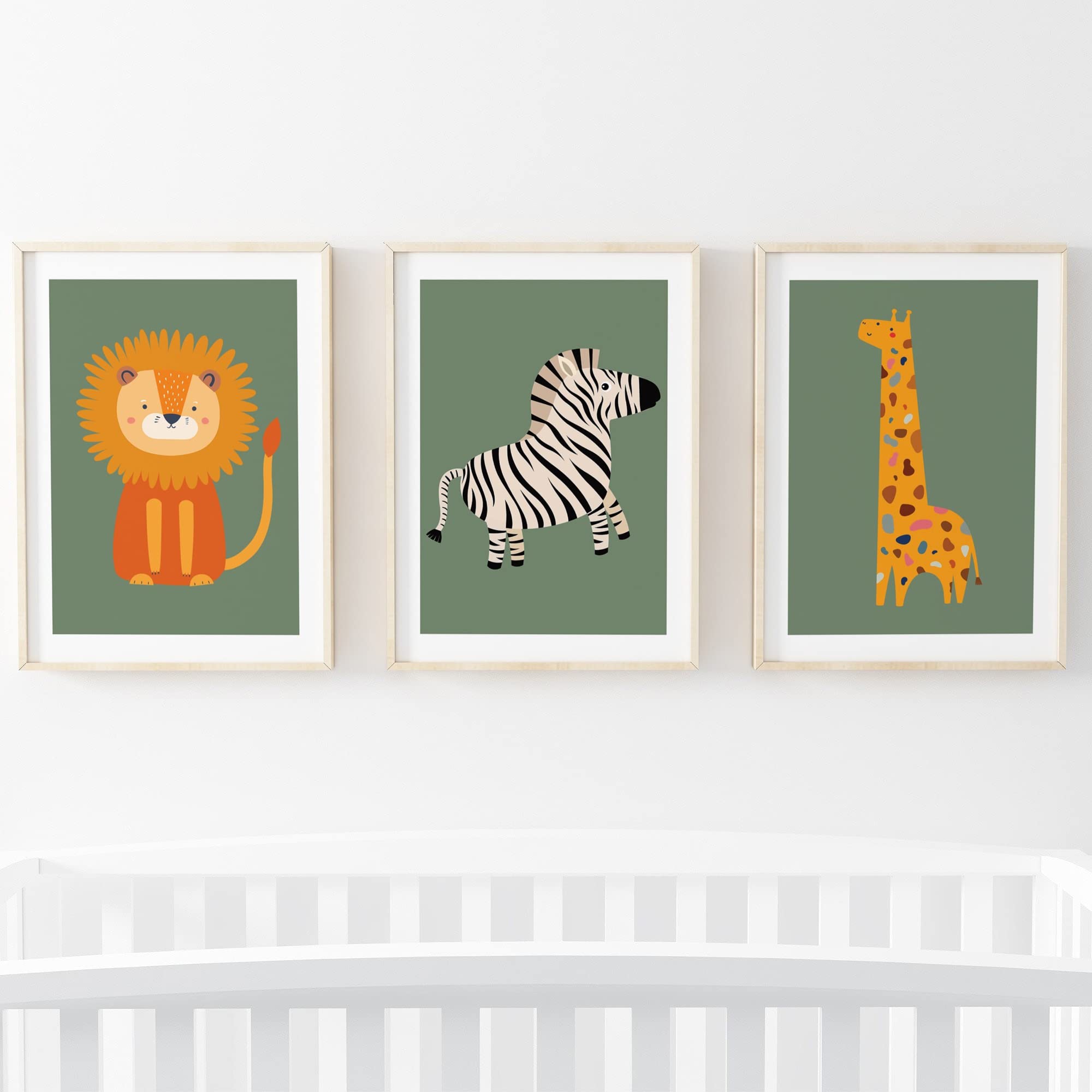 Scandi Safari Nursery Prints, Zebra Giraffe Lion Set of 3 Animal Nursery Prints, Jungle bedroom accessories [Picture Frames Not Included] (Green, 5x7 Inch)