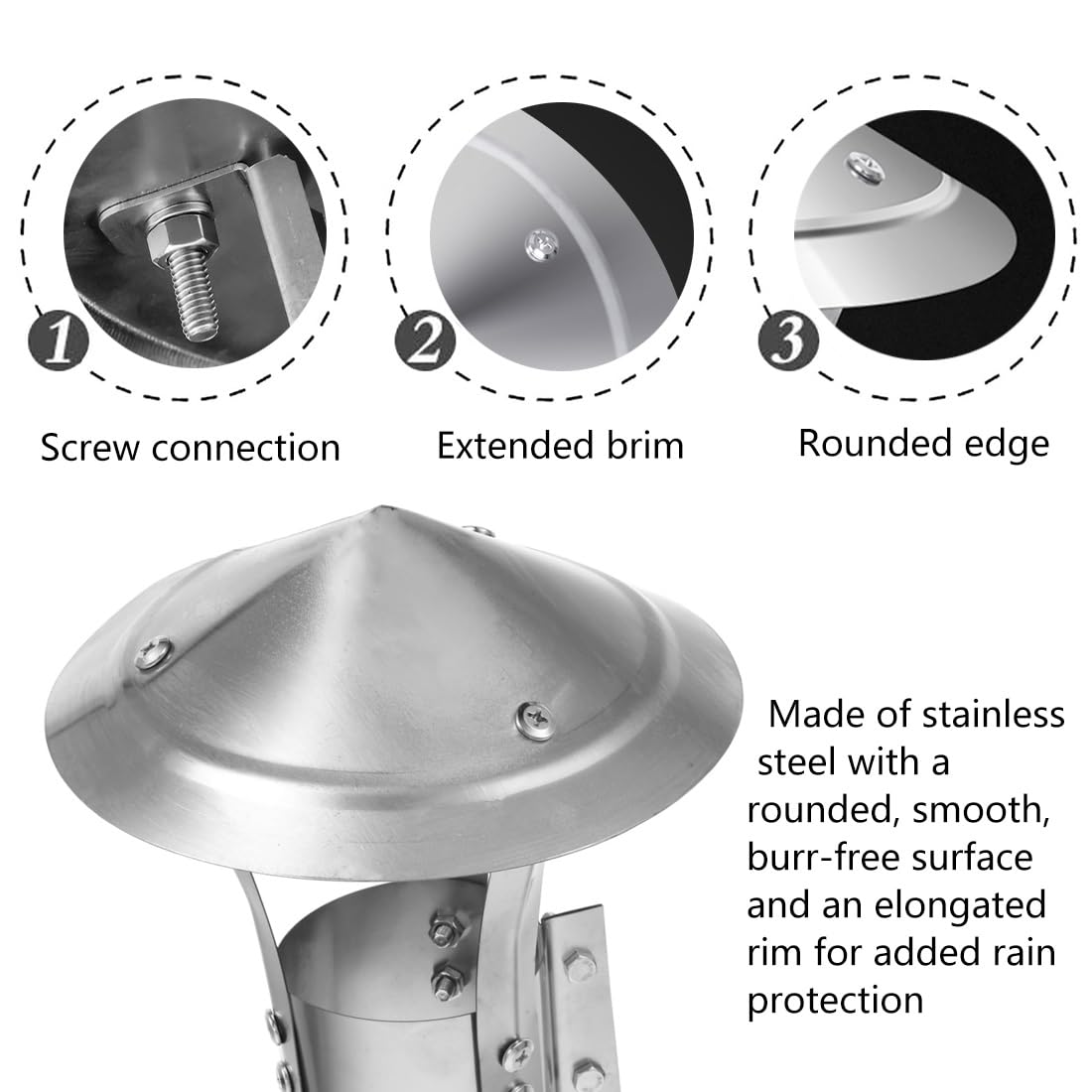 80 Cm~300 Cm Fumaiolo A Cappello Da Tetto In Acciaio Inox, Cappello Cinese Canna Con Doppio Top Conico Inclusi Accessori, Tappo Antipioggia Da Esterno Per Comignolo(300 mm/11.81 in)