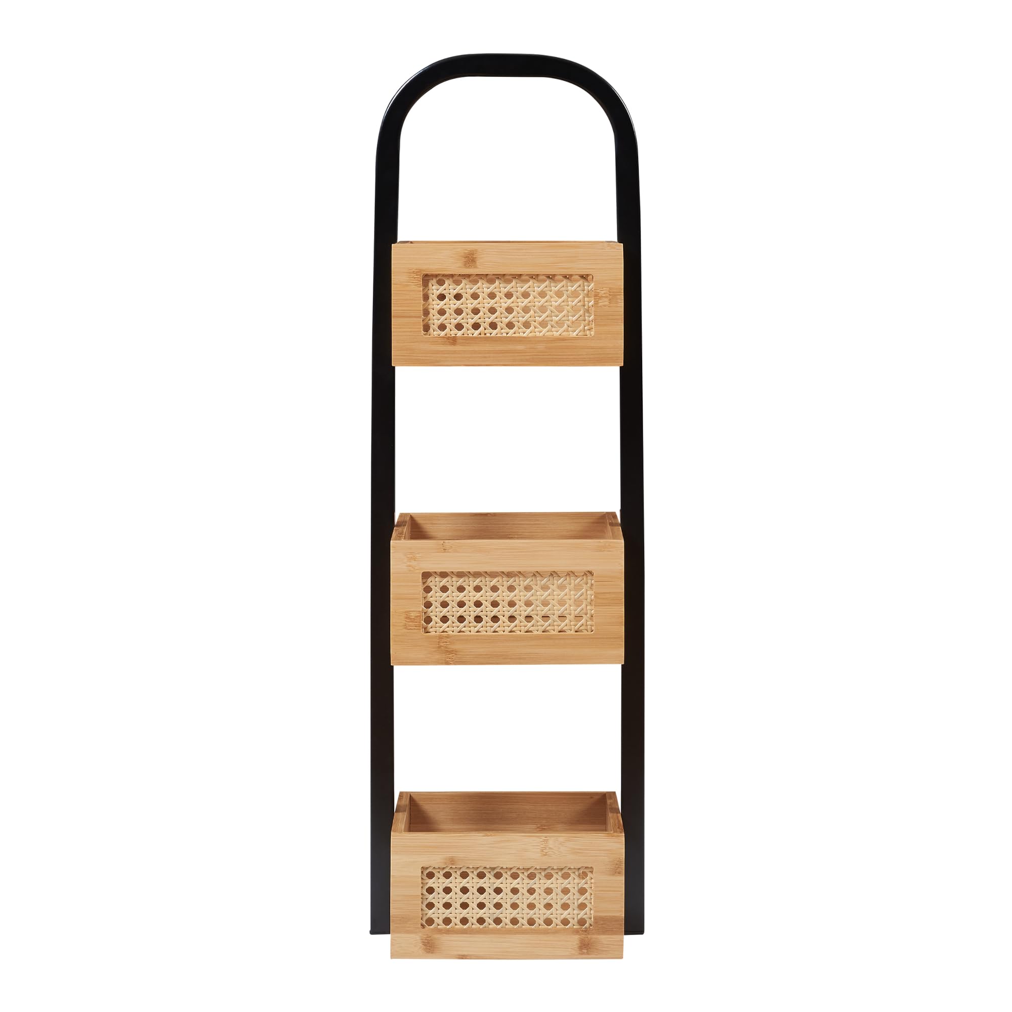 [en.casa] Estantería para Baño Tervola con 3 Cestas Mueble Baño Estantería de Pie Cocina Multiusos Versátil Resistente Metal/Bambú 73x23x19 cm - Negro/Efecto Ratán