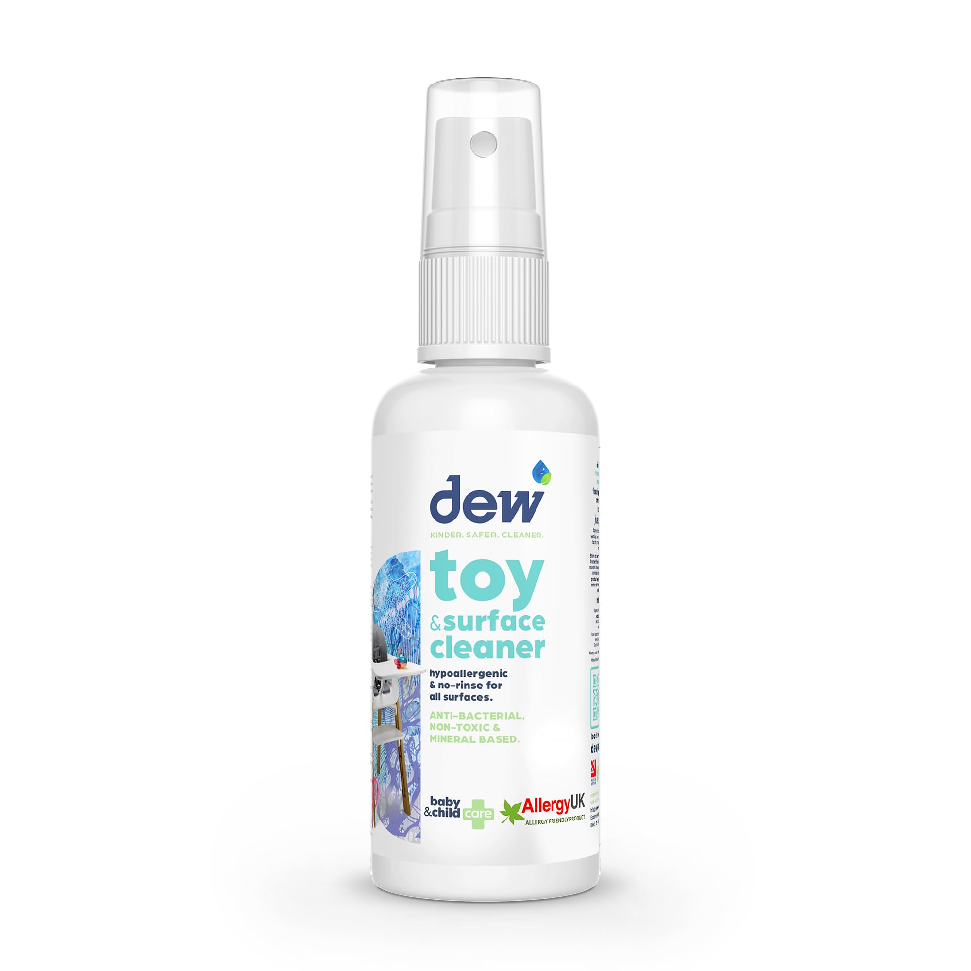DEW Toy and Surface Antibacterial Cleaner Spray, 65 milliliters | 100% Natural, Baby & Adult Safe, Kills 99.995% Germs, Safe if ingested, Bleach & Alcohol Free | Hypochlorous Acid