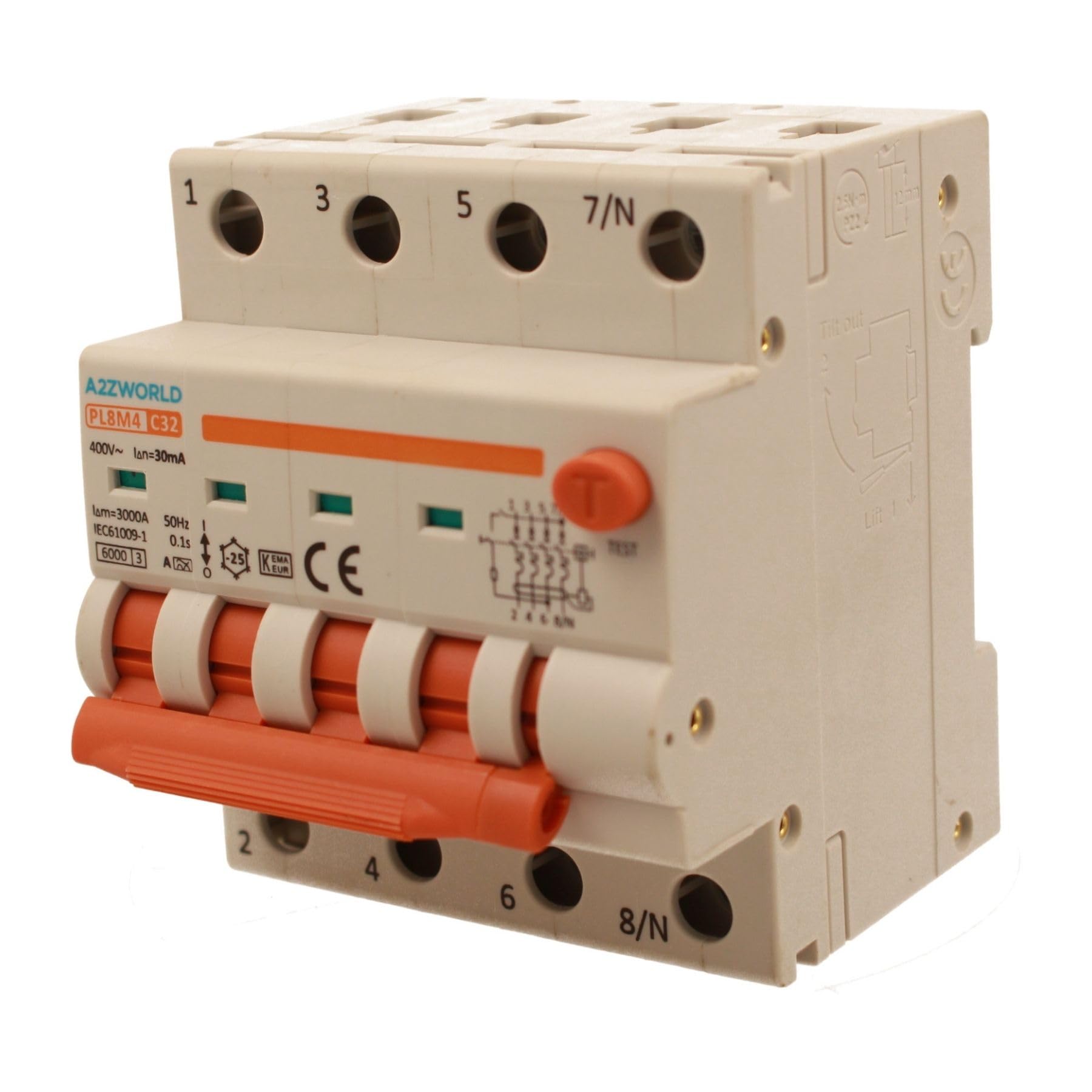 Leitungsschutzschalter, magnetisch, dreiphasig, 380 V, Typ A 32 A, C32, 4P Real (NO 3P+N), Kurve C 6 kA 30 mA, Doppelhebel mit visueller Diagnose, 4 DIN-Module, Serie PL8M4