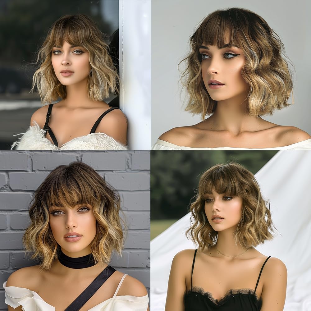 PORSMEER Shoulder Length Wavy Bob Wigs with Fringe Bangs Ombre Blonde/Brown Roots Wigs for Women,Natural Heat Resistant Synthetic Wigs for Daily/Party/Cosplay,14 Inch - Image 3