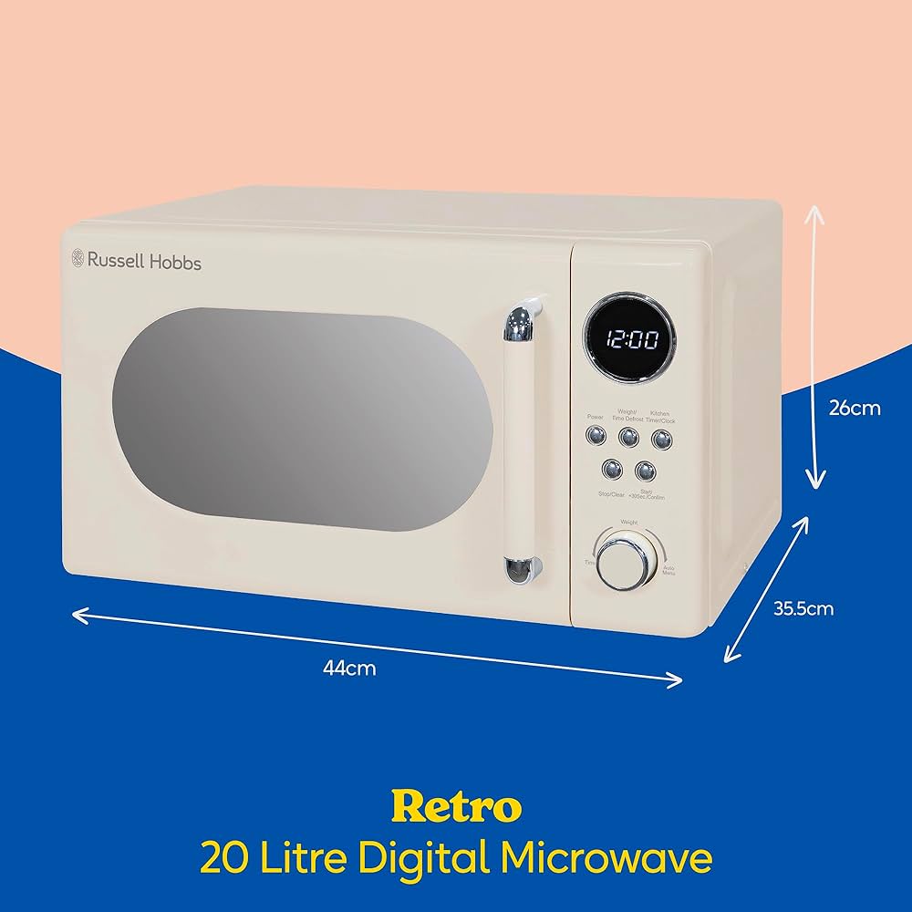 Russell Hobbs RHM2044C Retro 20 Litre Cream Digital Microwave, 800W, Mirror Finish, 8 Auto Cook Settings 5 Power Levels~p83216674