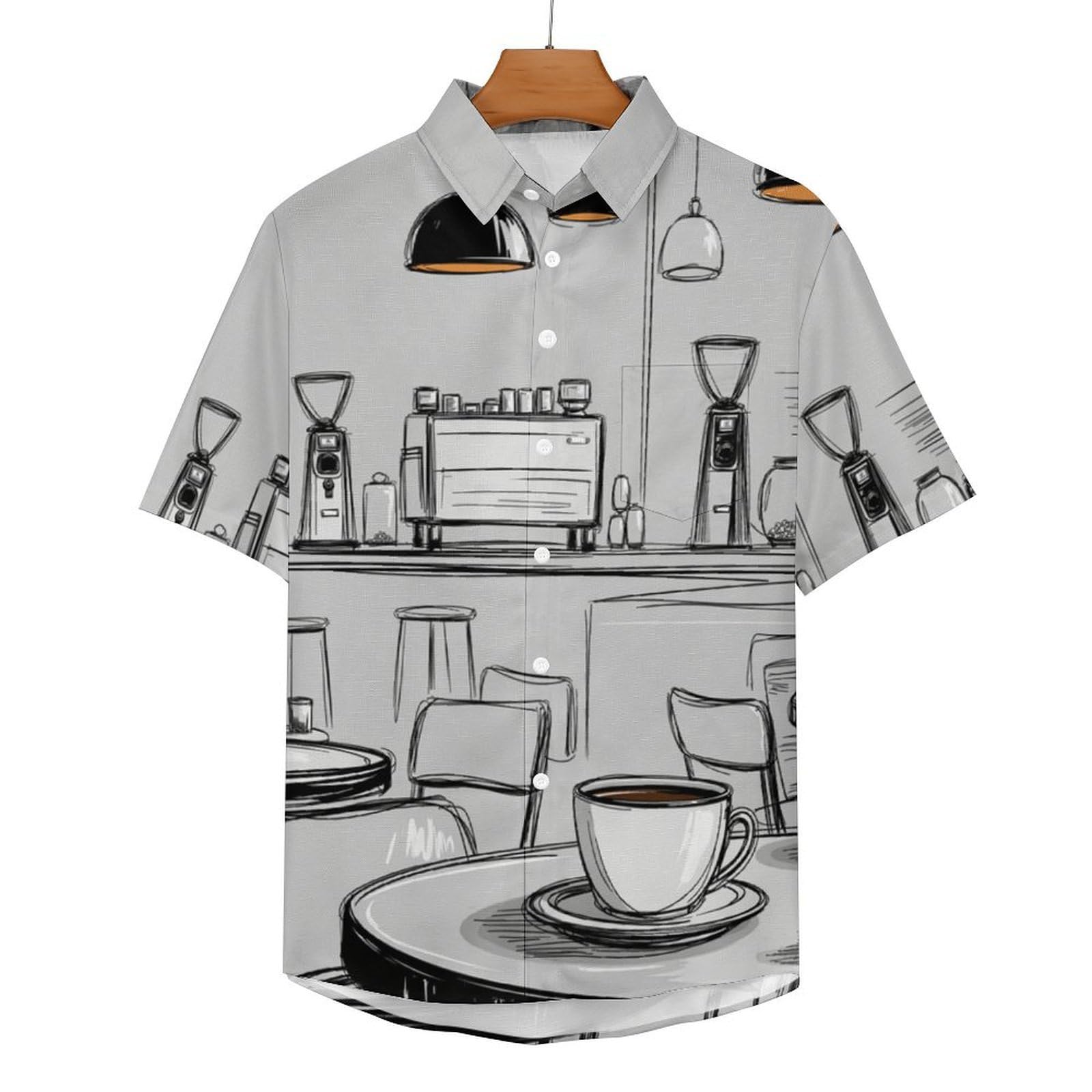 Funky Camicia Hawaiana Uomo, Manica Corta Design Aloha Camicie con Bottoni, Estiva Camicie a Decorazioni per caffè Casual Stampa Spiaggia Estate Illustrazioni A Linee Camicia