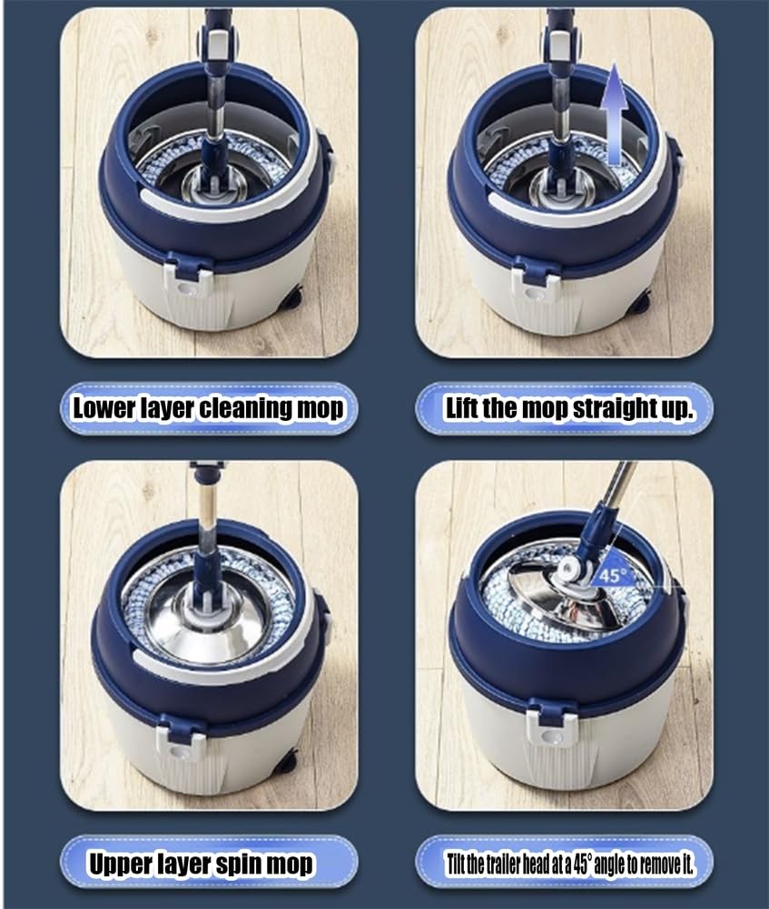 Juego de fregonas Spin Frep y Cubo Fregona telescópica de Microfibra con escurridor, 2 Almohadillas y Cubo Desmontable de 2 Compartimentos con Orificio de Drenaje para el hogar y