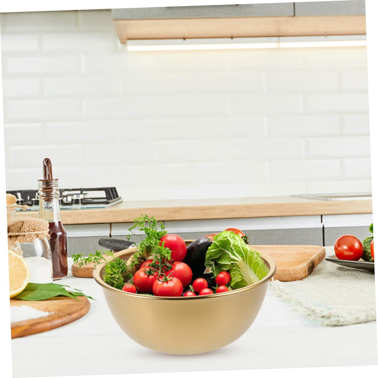 Alipis Colador Escurridor De Arroz y Verduras Acero Inoxidable 24 Cm Multifuncional Cesta Drenaje Hogar Conjunto 2 Piezas Color Dorado Para Cocina y Lavado Diario