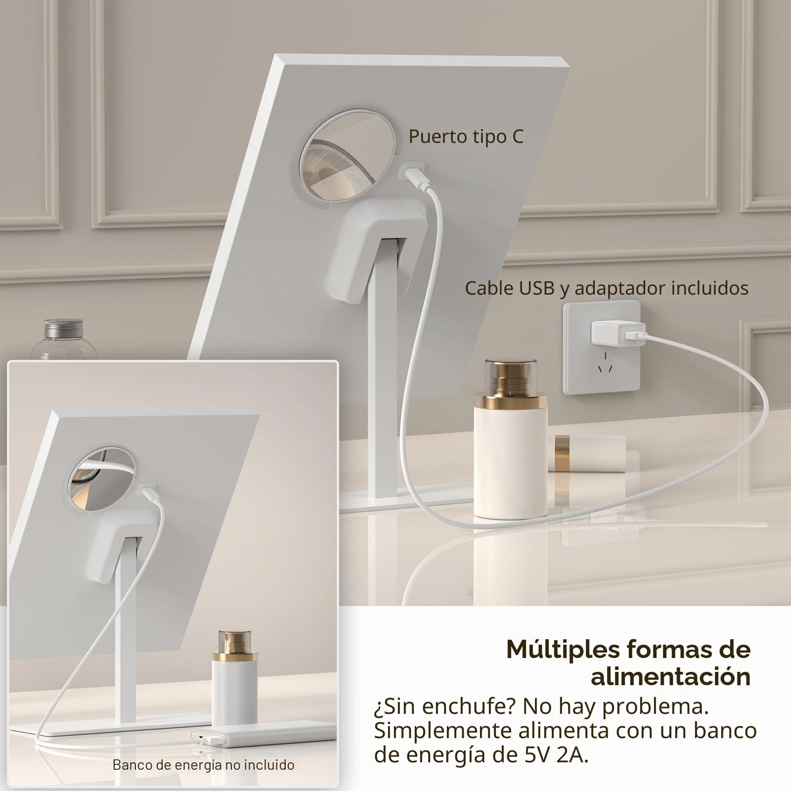 ANTENLICHT Espejo de Maquillaje con Luz, Espejo con Luces Regulable con Aumento de 10X, 3 Modos de Color, Espejo de Maquillaje LED, Espejo de Sobremesa Moderno con Control Táctil, Blanco