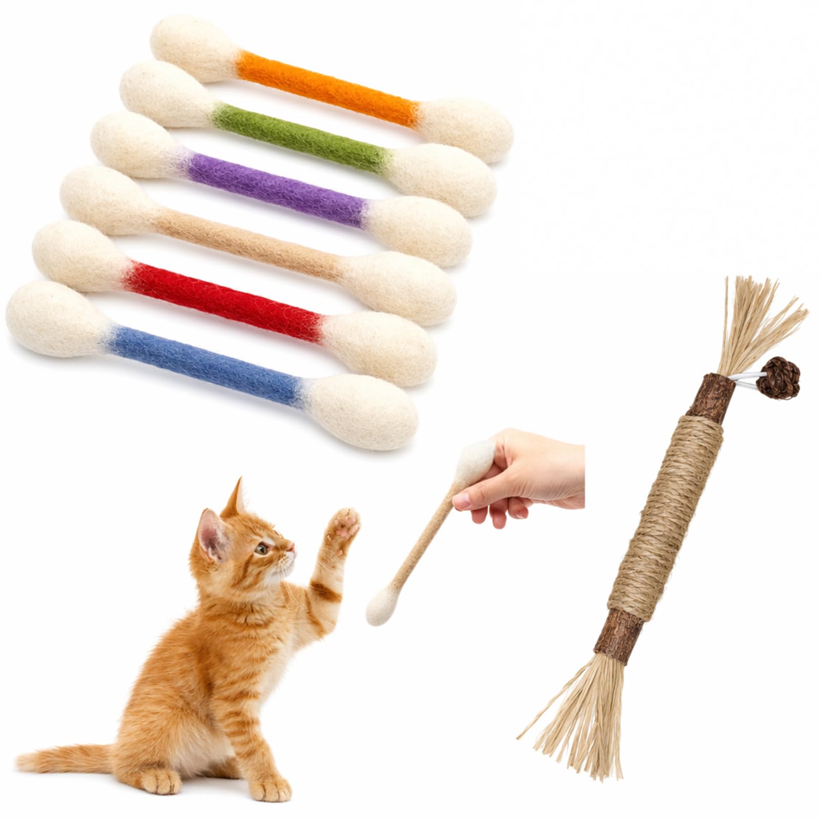 Tbczvx 7pcs Catnip for Cats, Kitten Teething and Cat Chew Sticks, Interactive for Indoor Cats, Stress Relief for Bored Cats, Multi-Cat Household Set with Giant Cotton Swab and Silvervine Sticks