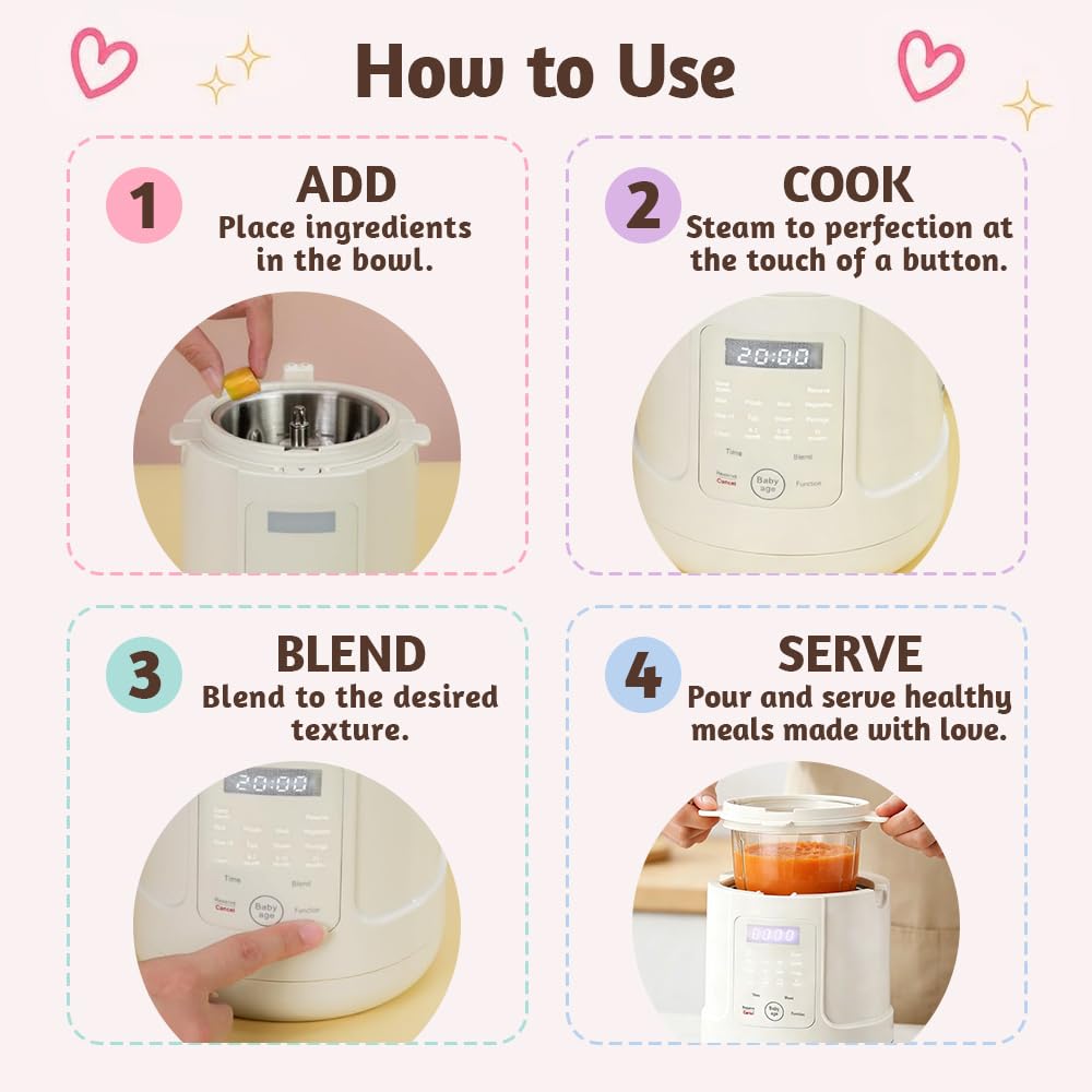 Babynahrungszubereiter, Dampfgarer mit Mixer,Aufwärmen, Automatische Reinigungsfunktion, Edelstahl Babybrei Zubereiter Multifunktion, BPA-frei