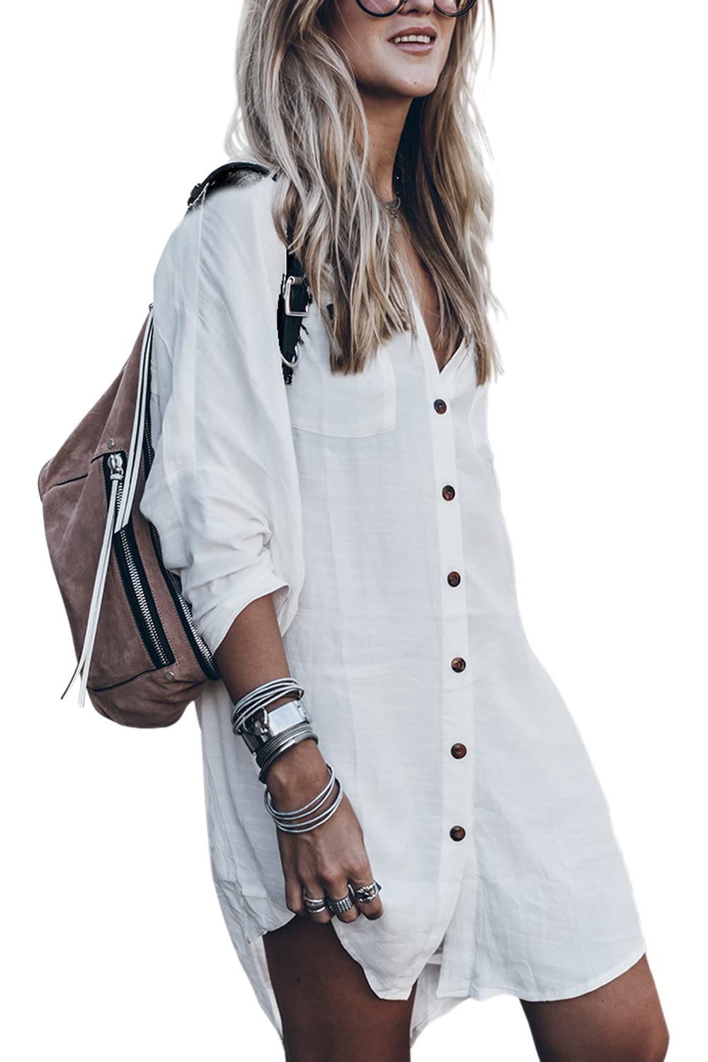 CHERRY CAT Women Beach Cover Up Button Down Shirt Dress Bathing Suit Cover Ups Blouses