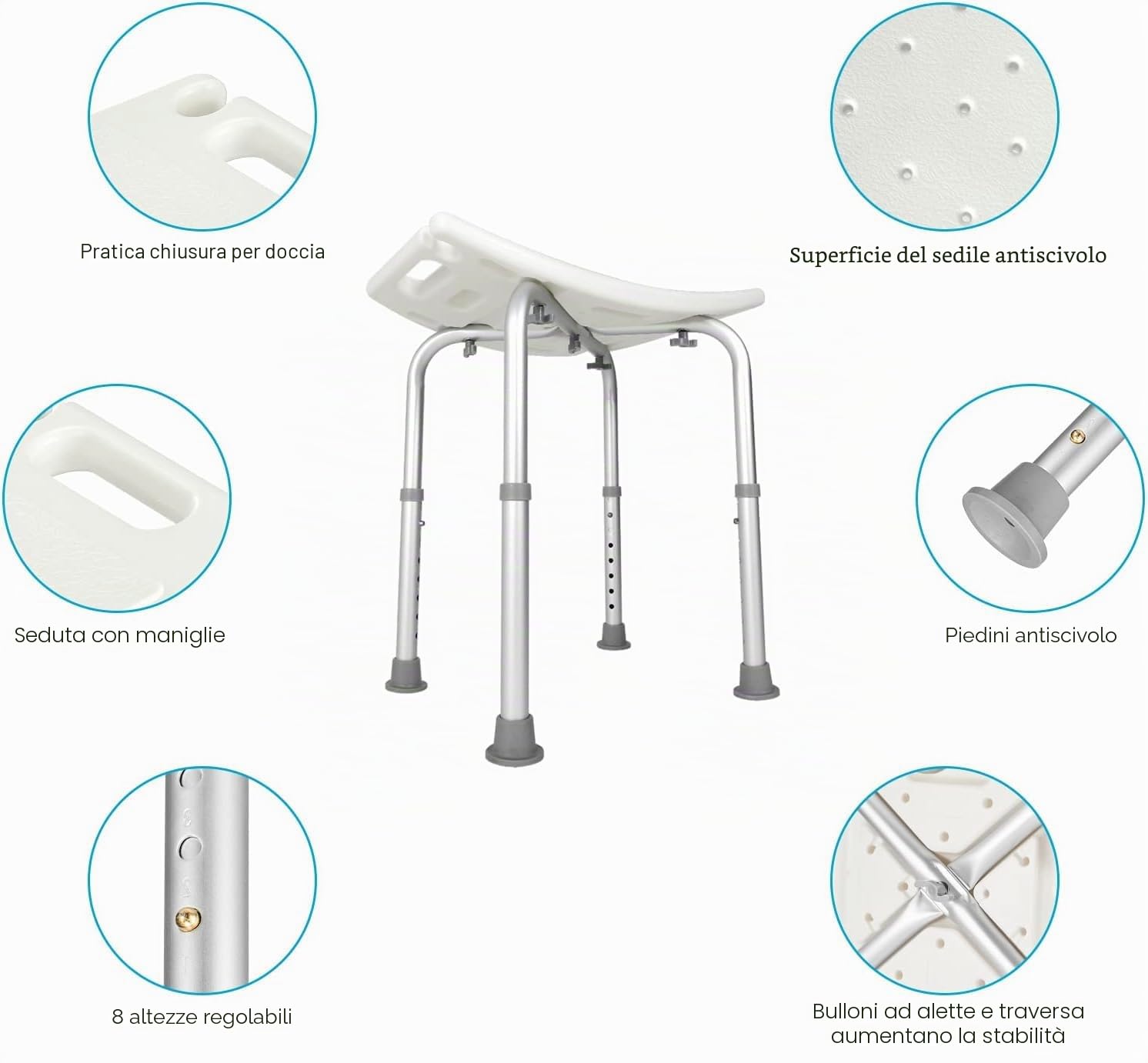 Sgabello da Bagno, 8 Livelli di Altezza, 38 – 55 cm, Gambe in Alluminio e Sedile Antiscivolo per la Doccia Interna, Sgabello da Doccia Leggero e Sottile per Anziani e Disabili