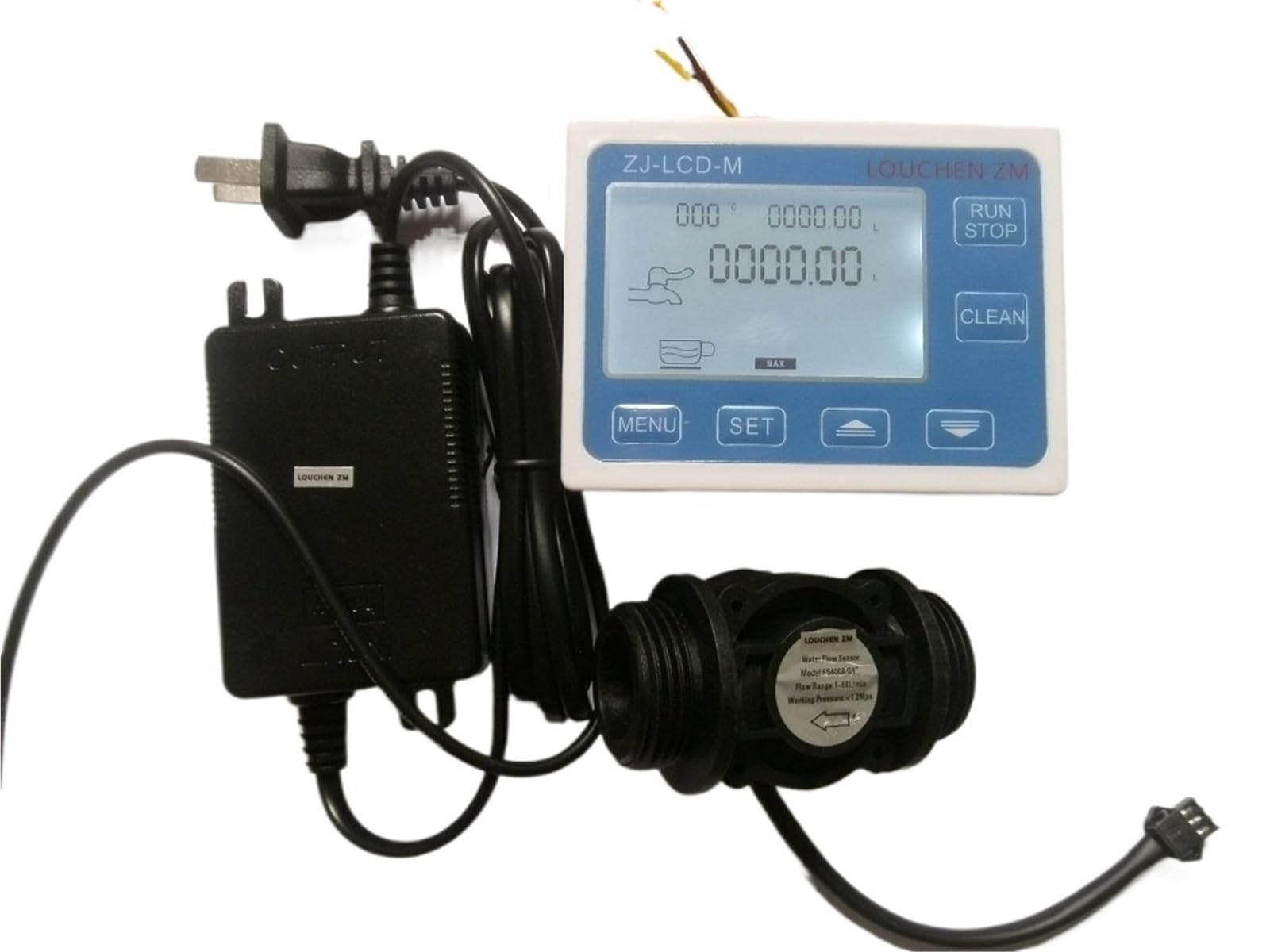 1 sensor de flujo de agua G1" + caudalímetro digital con pantalla LCD y control cuantitativo de 1 a 60 l/min + adaptador de corriente de 24 V