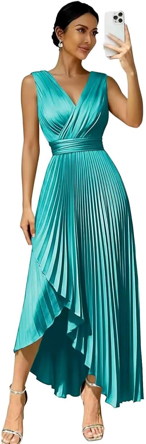 Satin Formal Wedding Guest Dress Pleated Midi Bridesmaid Dresses for Women
