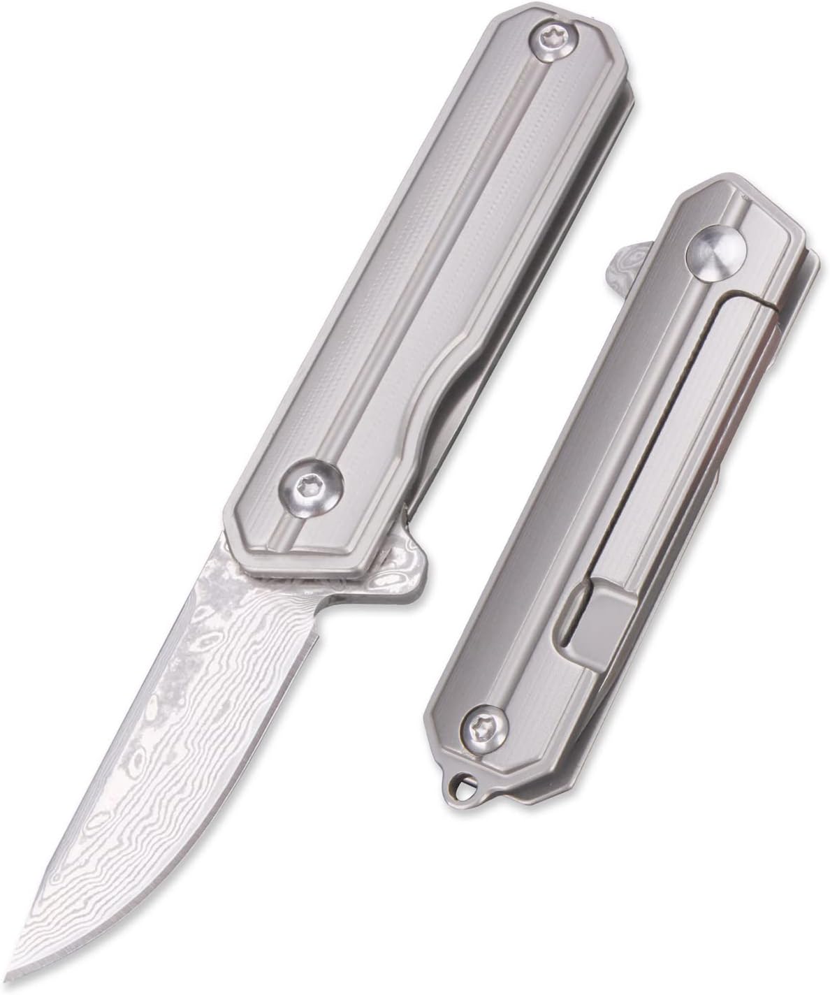 Samior HY004 Mini Titanium Handle Pocket Knife, 1.4 inches Damascus Blade, Keychain Utility Neck EDC Knives for Box Opening (Drop Point)