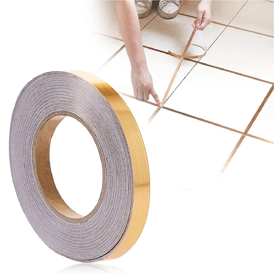 VANSHORA Golden Tile Strip Tape 50 Meter | Waterproof Self Adhesive Gap Sealing Foil for Floor Tiles Wall Decor Cabinet Kitchen | 1 CM Metallic Gold Seam Sticker 1