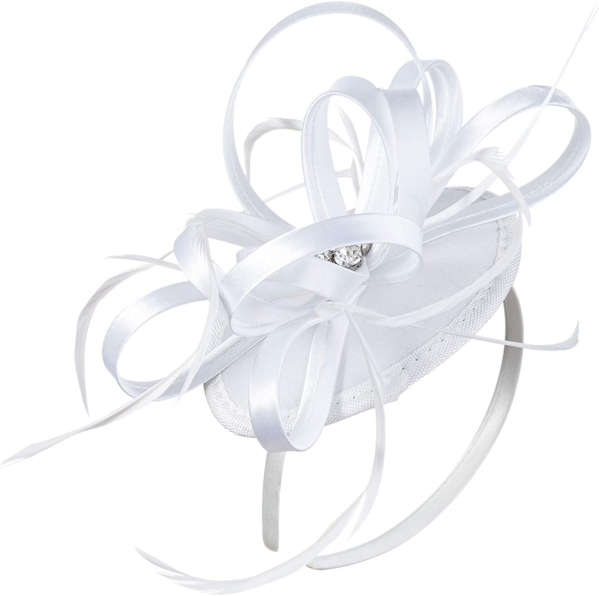 FELIZHOUSE Satin Feather Fascinator Hats Headband for Women, Wedding Cocktail Tea Party Royal Ascot Church Head Piece, Costume Hair Clip Accessories (#5 White with Zircon)