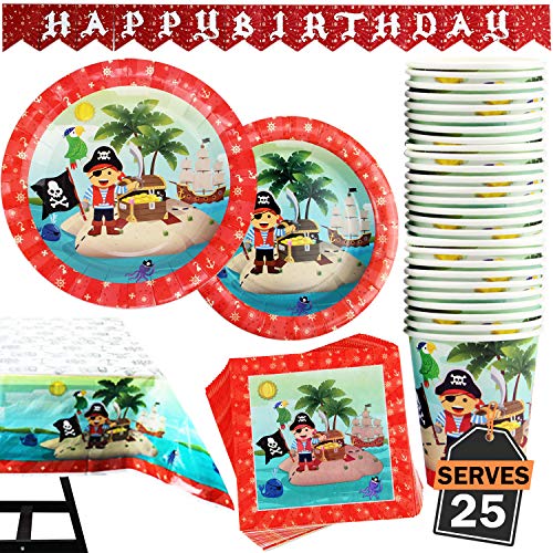 Kompanion 102-teiliges Piraten Party Teller Set mit Banner, Tellern, Tassen, Servietten, Tischtüchern, für 25 Personen