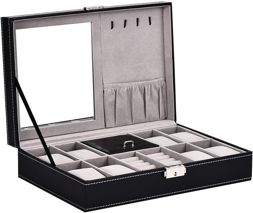 HKHJ Leather Jewelry Box for Watches Rings Bracelets Earrings Necklaces Cufflinks Lockable Travel Jewellery Storage Case with Mirror Unisex Gift Box Black Customized Watches Display Box