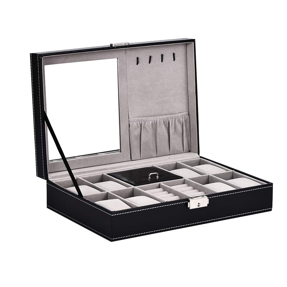 HKHJ Leather Jewelry Box for Watches Rings Bracelets Earrings Necklaces Cufflinks Lockable Travel Jewellery Storage Case with Mirror Unisex Gift Box Black Customized Watches Display Box