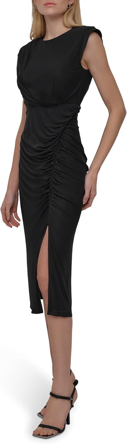 DKNY Women's Sleeveless Jewel Neck Shoulder Pads Side Slit Midi Dress - Image 2