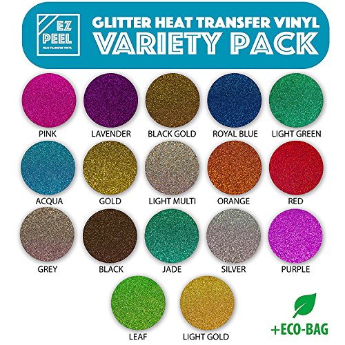 Glitter Heat Transfer Vinyl - 17 Variety Pack 12x10 inch HTV Sheets - A Starter Bundle That is Easy to Weed HTV with Glitter for Your T Shirts