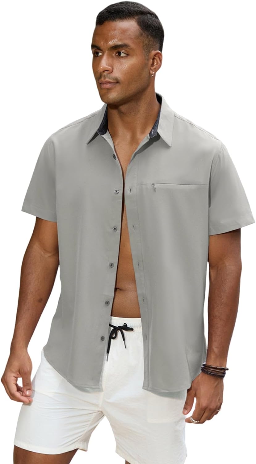 GSOU SNOW Mens Fishing Shirts Short Sleeve Button Up Hiking Shirt Cooling Quick Dry Vented