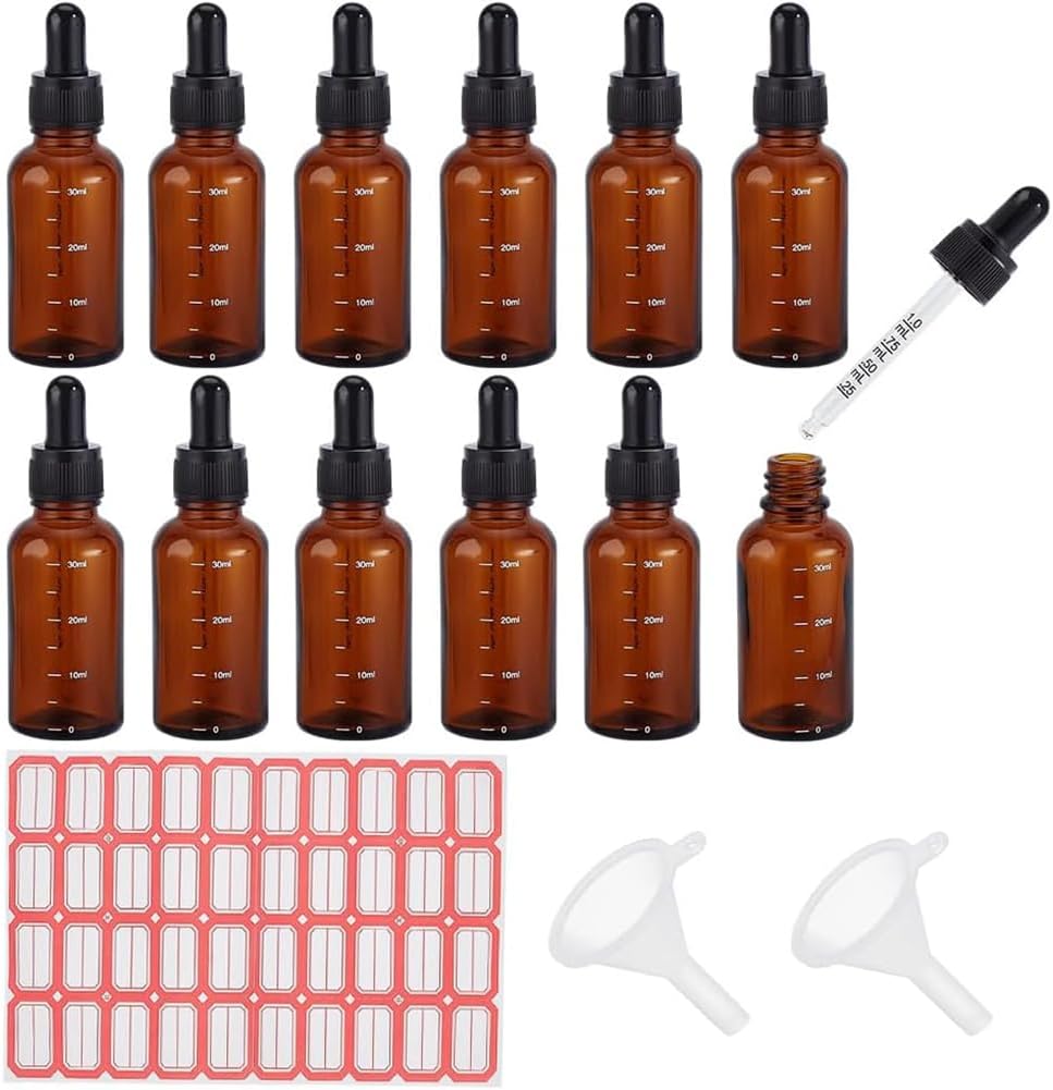 PH PandaHall 30ml 12pcs Glass Bottles with Droppers, Glass Dropper Bottle Brown Dropper Bottles with Labels and Funnel Glass Tincture Bottles with Graduated for Essential Oils Perfumes Aromatherapy