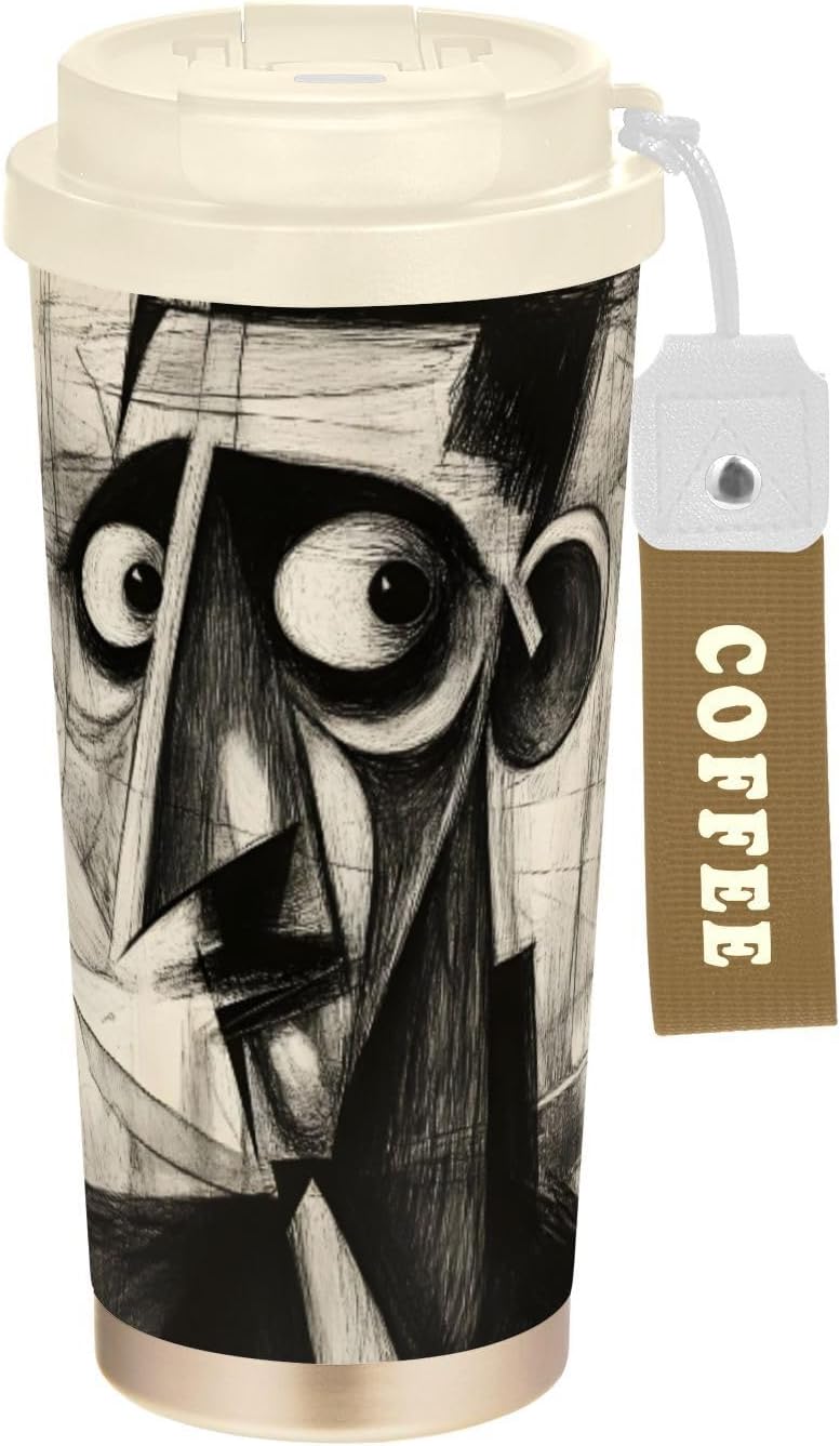 Man Abstract Black Insulated Coffee Mug with Straw & Flip Lid, 16.9oz Iced Tumbler Cup, Double Wall Vacuum Mug for Travel Office