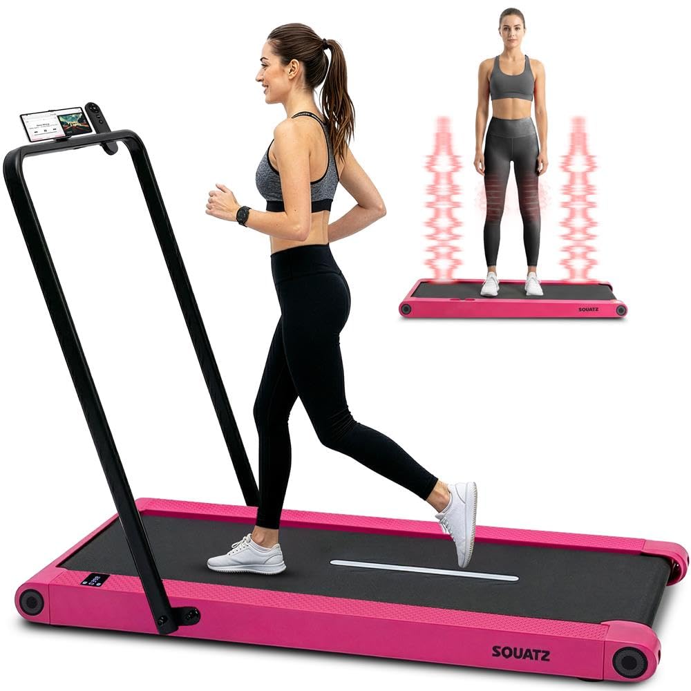 Squatz Tapis Roulant 2-in-1 con Manubrio e Pedana Vibrante, Tapis Roulant Salvaspazio, Walking Pad Display LED, Supporto Tablet, Motore Silenzioso 746 Watt, Telecomando, per Casa e Ufficio, Rosa