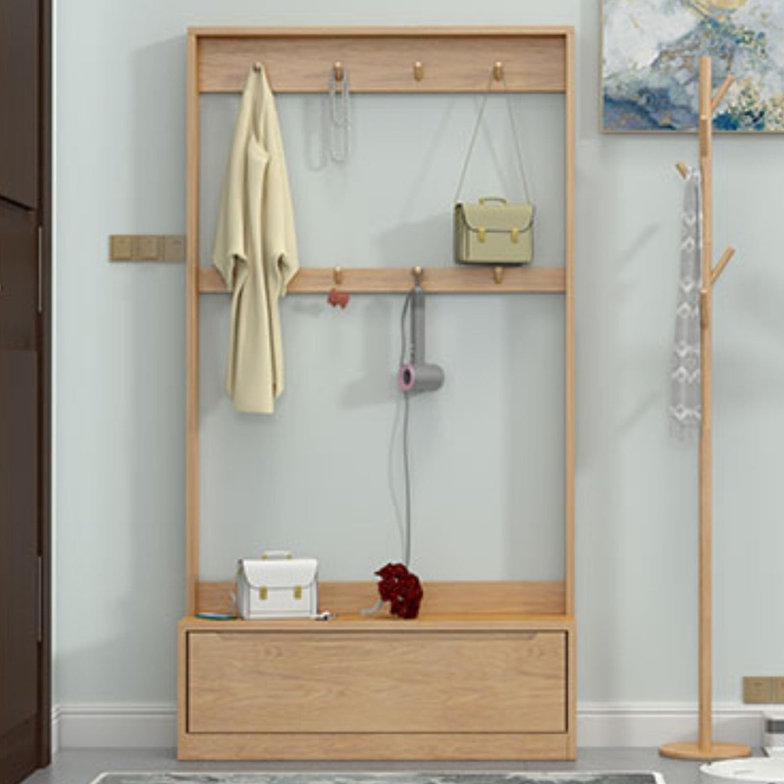 3-in-1 Wooden Garment Rack with Coat Hooks Versatile Clothing Organizer for Entryway Living Room 39 3in Hanging Clothes