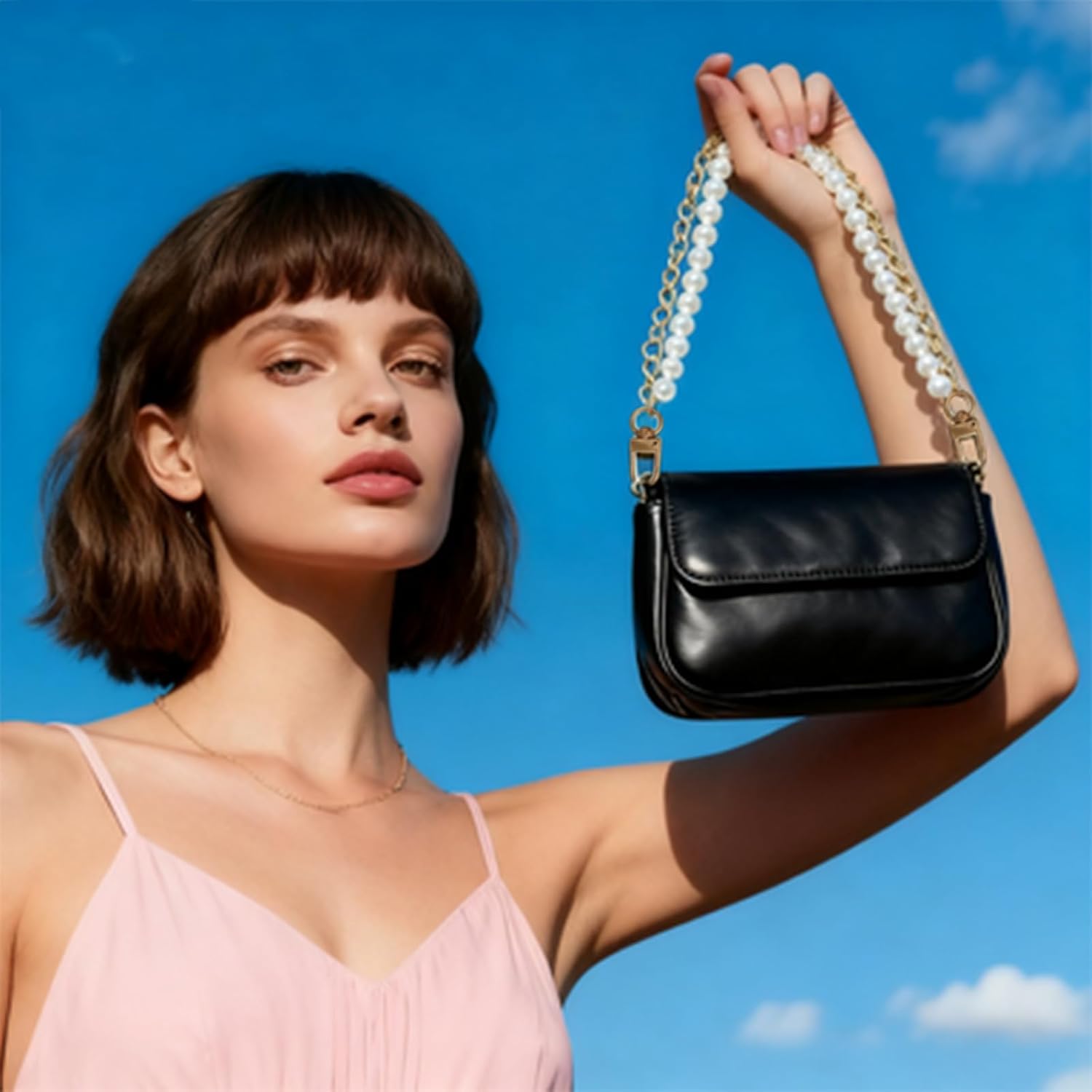 Pearl Purse Chain, Gold Metal Bag Extender Chain with White Rhinestone Bow Keychain, Short Purse Strap Extender Replacement, for Women Handbags Shoulder Crossbody Bags, 26CM/10.24Inch - Image 4