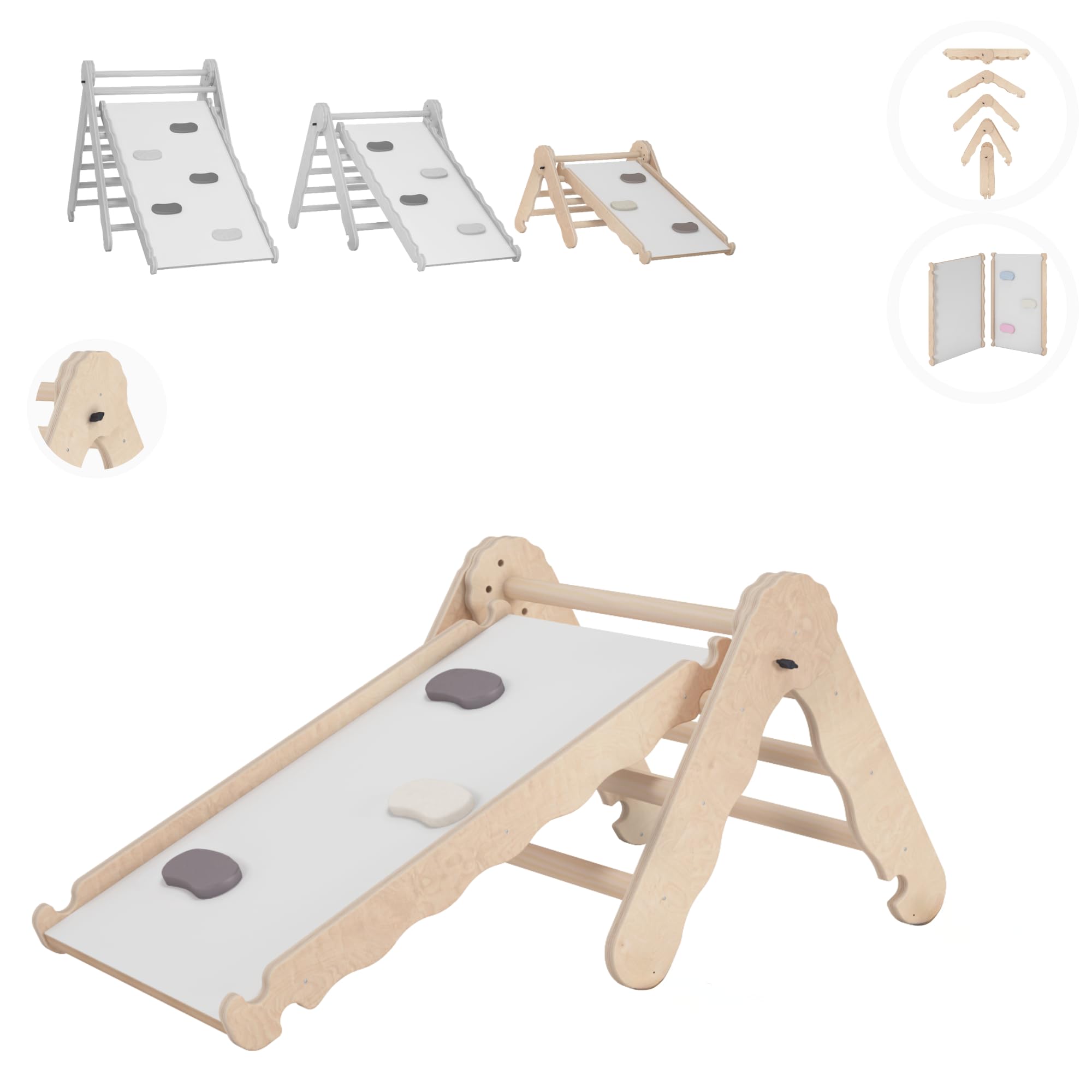 MAMOI® Klettergerüst Indoor, Kletterdreieck mit Rutsche aus Holz, Kletterturm mit Rutschbrett, Kletterbogen, Regenbogenwippe, Montessori Spielzeug