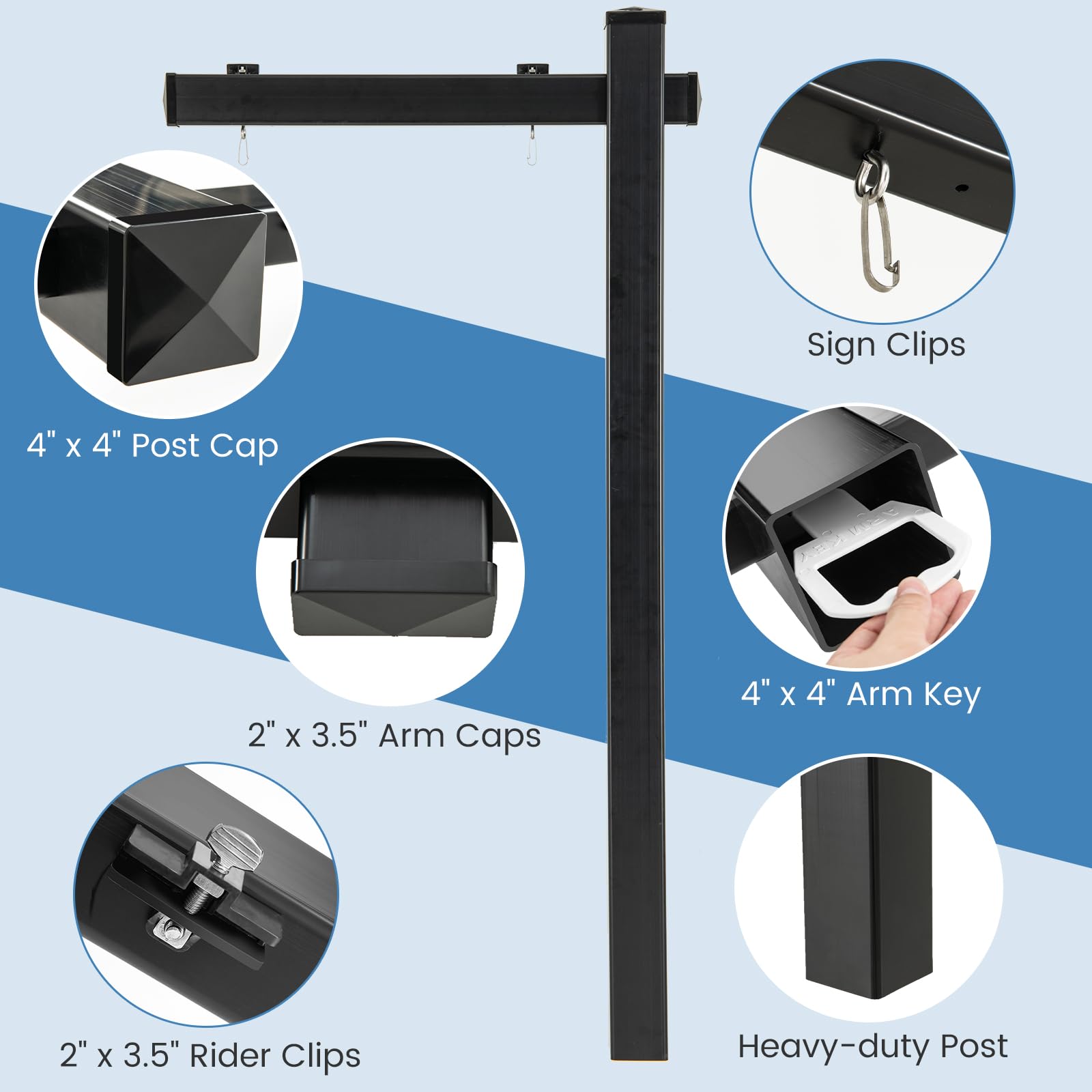 GIANTEX 183 cm Support de Panneau, Poteau de Signalisation Immobilière en PVC avec Poteau Métallique, Pinces, Support de Panneau pour Vente de Maisons, Locations, Signalisation Agricole (Noir)