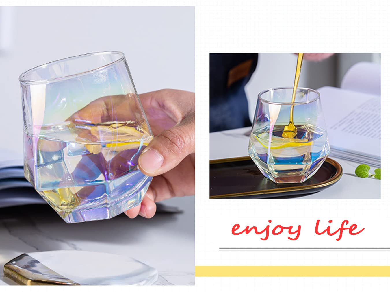 Kristall Whiskey Gläser Set - 2x 300ml Sechseckige Eckgläser