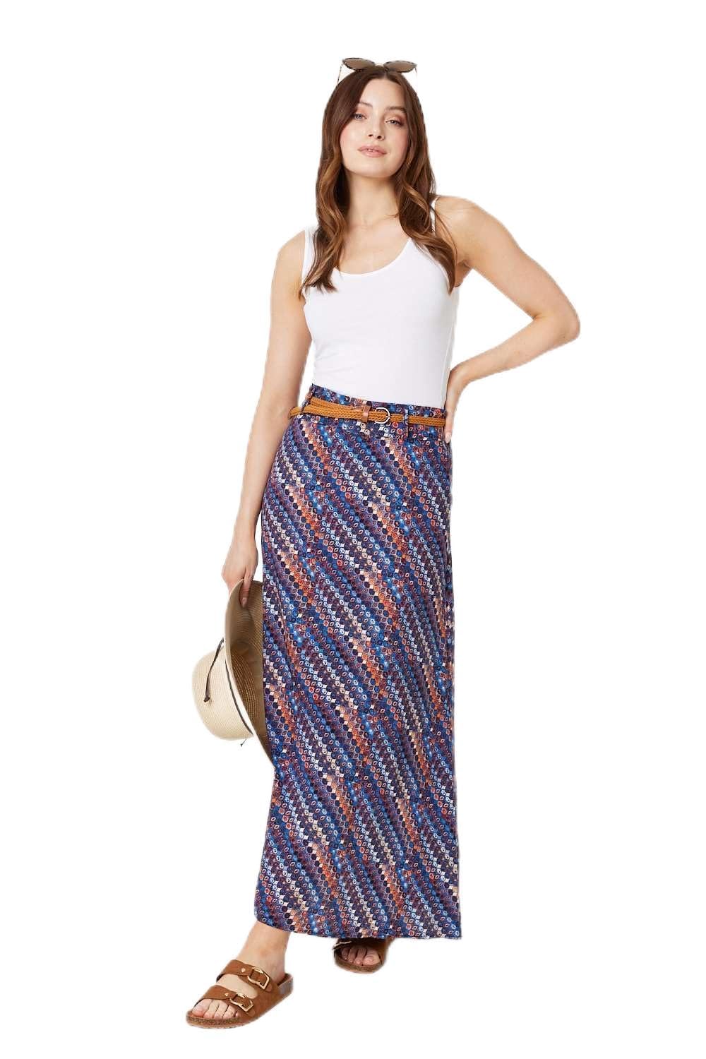 Izabel London Women's Printed Belt Detail Maxi Skirt in Blue | Size: 8