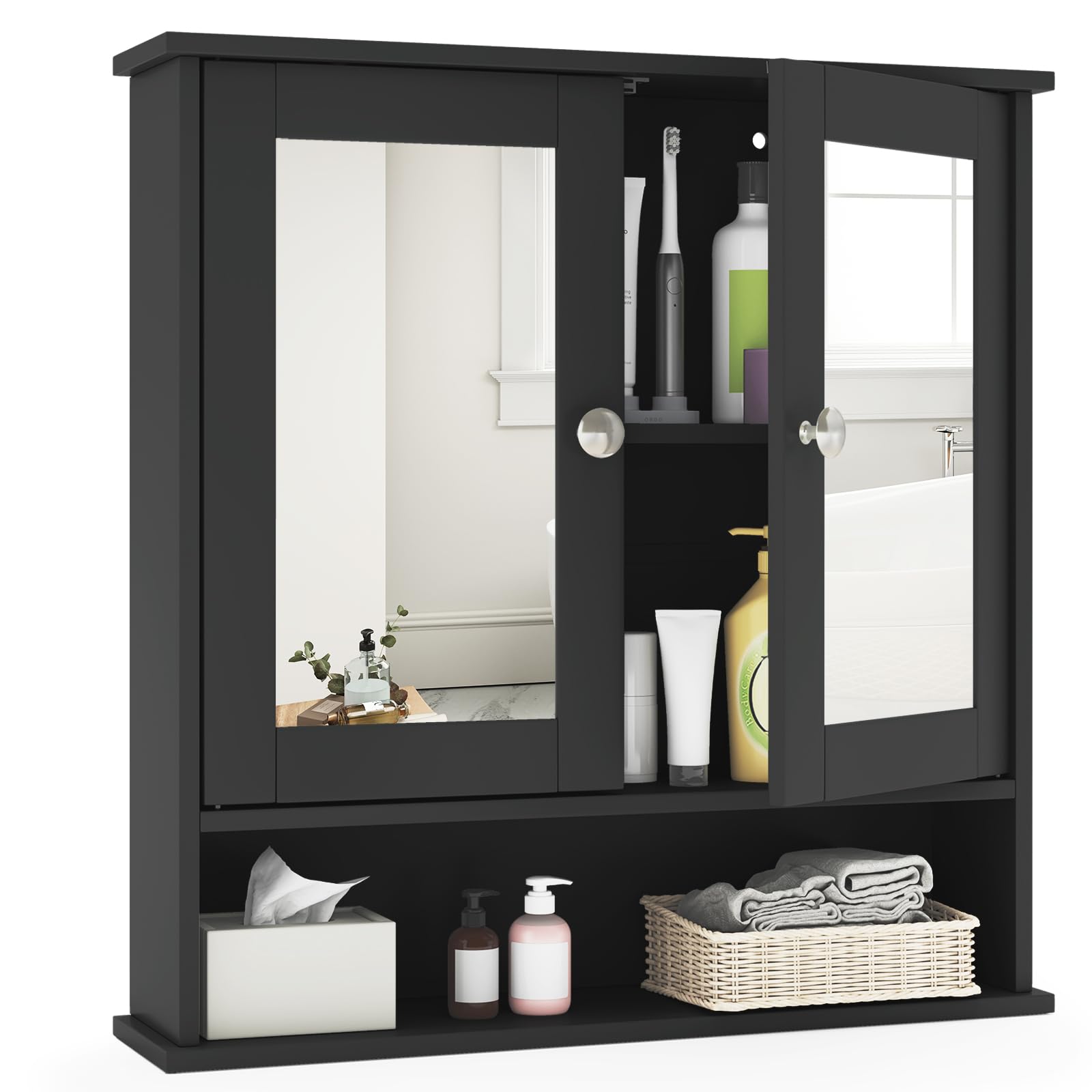 COSTWAY Bathroom Mirror Cabinet, Double Door Wall Mounted Storage Cupboard with Adjustable Shelf and Compartment, Home Kitchen Living Room Display Organiser Unit (Black)