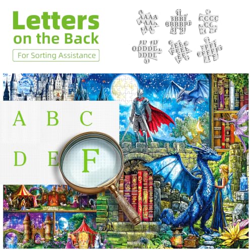Puzzle Fantasy Library para Adultos 1000 Piezas, Castillo Caballero Dragón | Puzzle con Tema Mágico con Letra en la Parte Posterior y Póster de Referencia, 28x20 pulgadas, Juego Antiestrés, Regalo Ideal para Amantes del Arte Fantástico miniatura 3