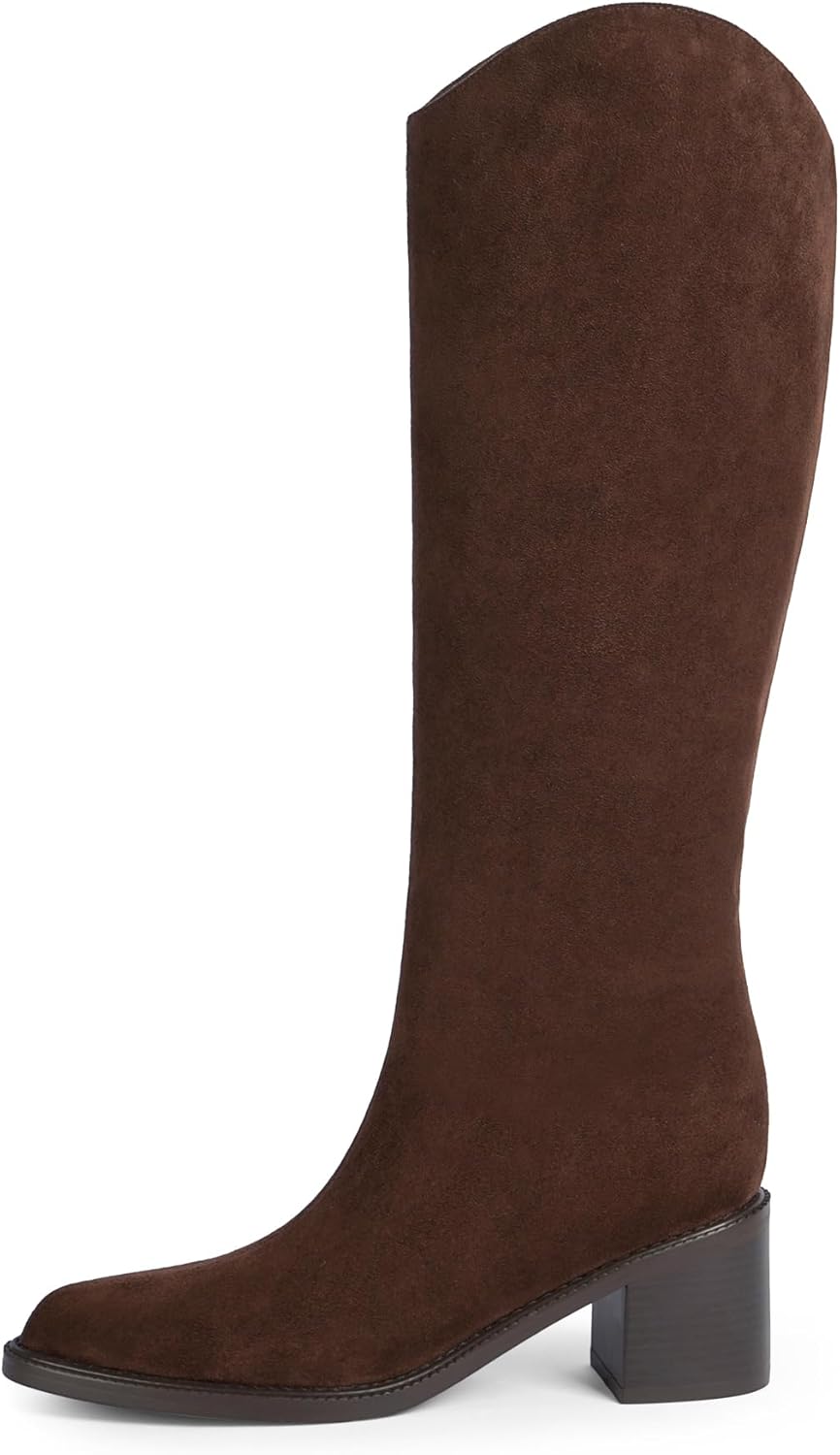 Modatope Brown Suede Knee High Boots for Women Pointed Toe Chunky Block Heel Tall Boots Side Zipper Low Heel Long Boot Size 8.5 - Image 4