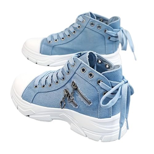 Dikermoon Women's Platform Side Zipper Design Canvas Shoes, Casual Lace Up Outdoor Shoes, Comfortable Valentine's Day Sneakers (Denim Blue,8)