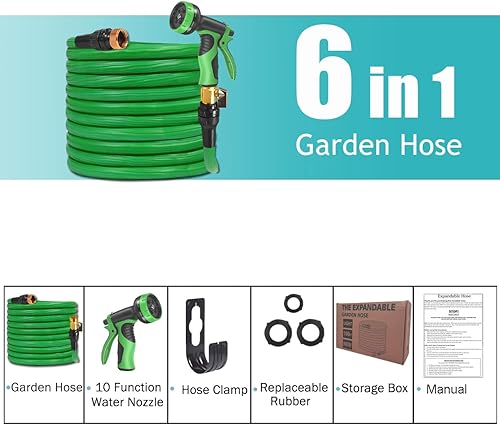 Miniatura 7 de Manguera de jardín expandible de 100 pies, manguera de agua con boquilla rociadora de 10 funciones, manguera ligera y flexible con accesorios de