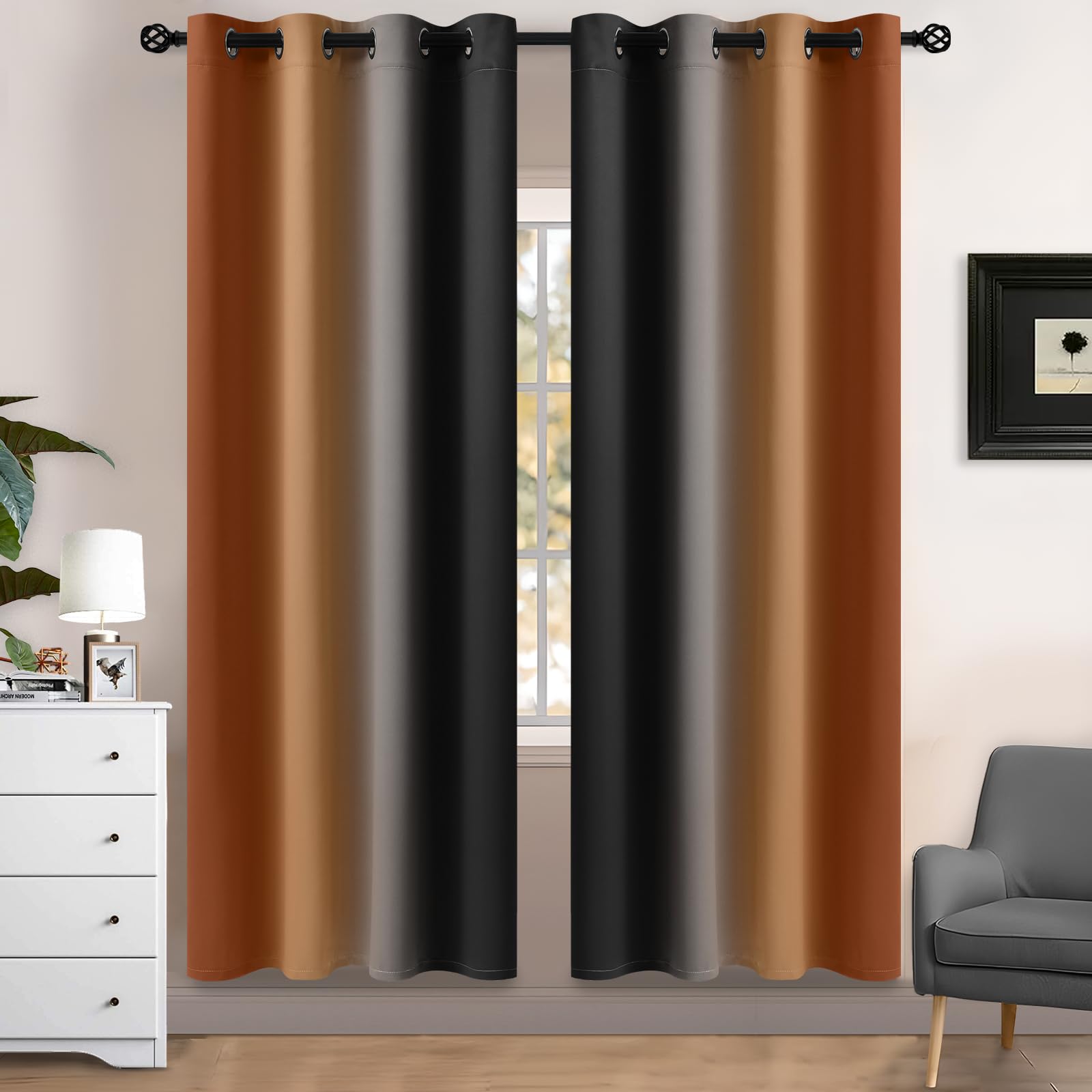 Yakamok Blackout Ombre Burnt Orange and Black Curtains-Gradient Room Darkening Curtain, Grommet Thermal Insulated Light Blocking Window Drapes Curtain for Living Room Bedroom,52 x 72 Inch,2 Panels — image 1